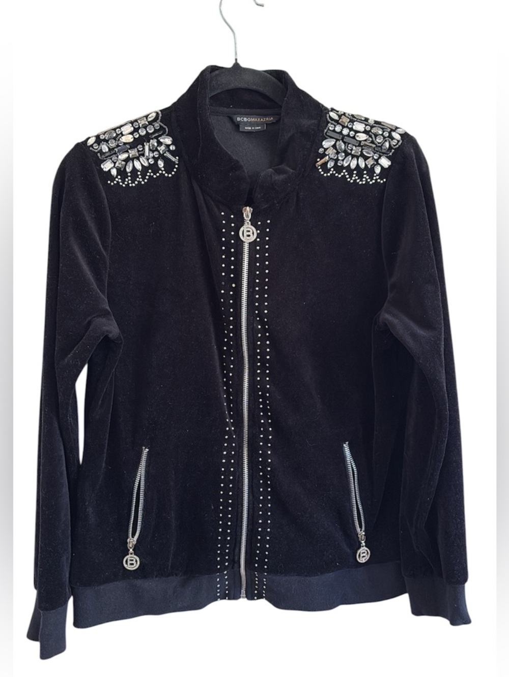BCBGMAXAZRIA Y2K Velour Black Rhinestone Embellished Zip-Front Jacket